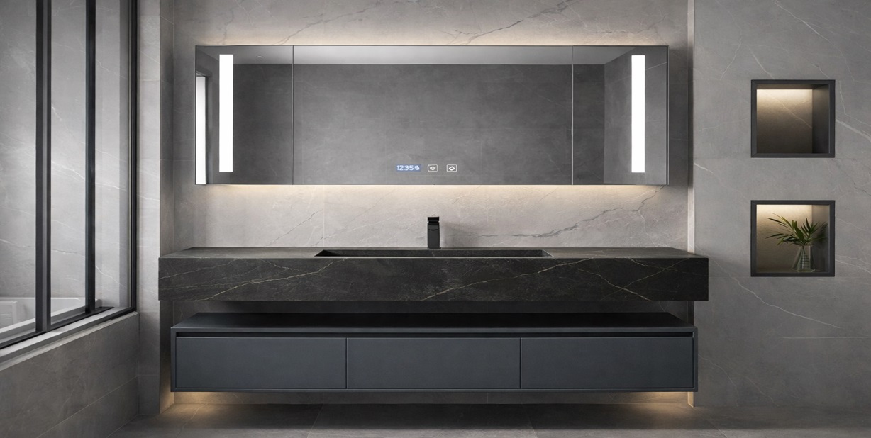 All in one bathroom sink vanity with smart mirror and integrated basin for modern bathrooms